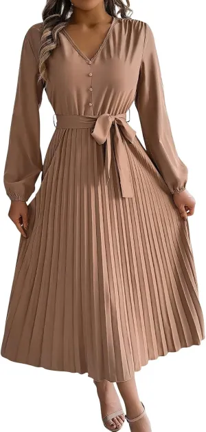 Women's Formal Dresses Wedding Guest Trendy V Neck Long Sleeve Solid Color Flowy Prom Cocktail Maxi Dress, S-XL