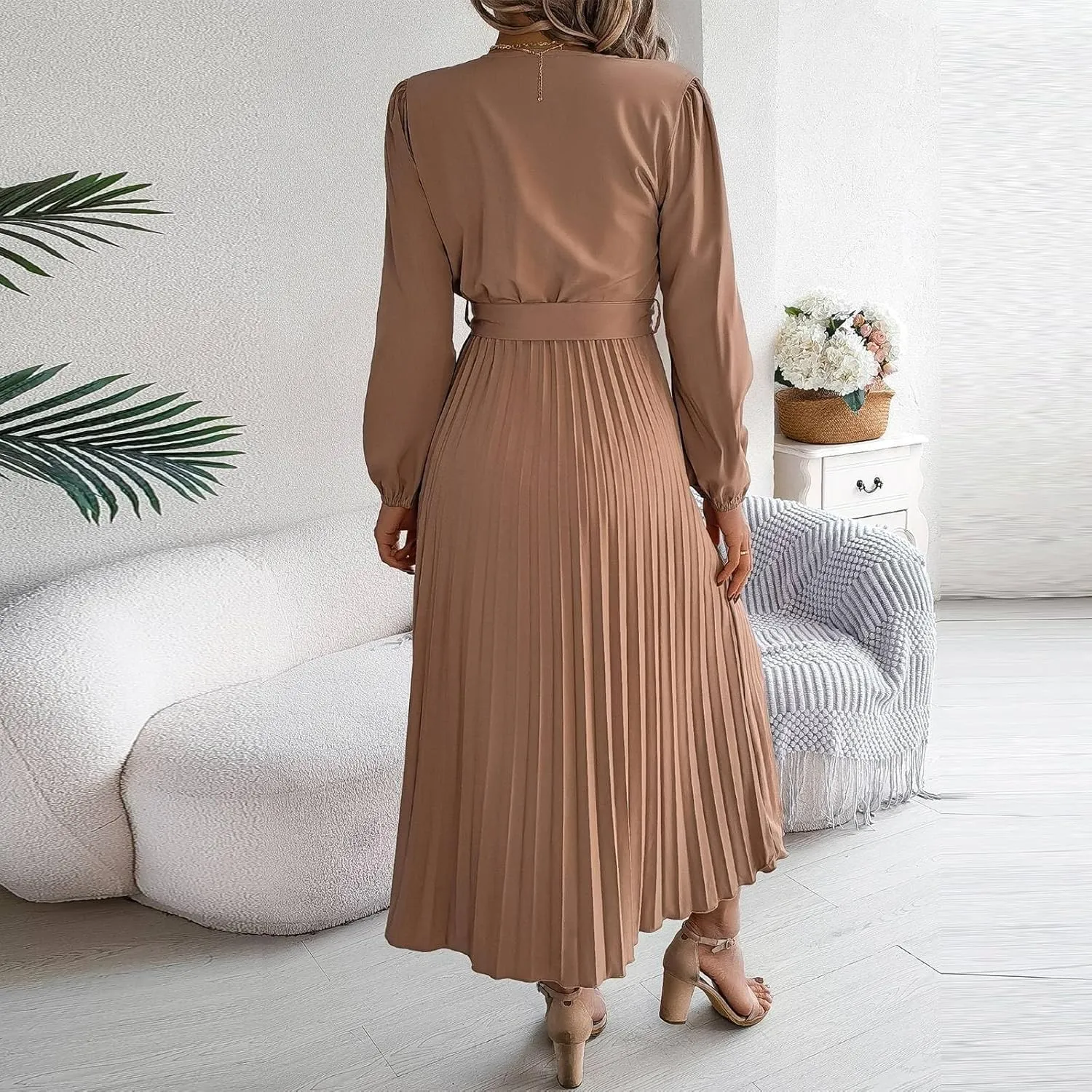 Women's Formal Dresses Wedding Guest Trendy V Neck Long Sleeve Solid Color Flowy Prom Cocktail Maxi Dress, S-XL