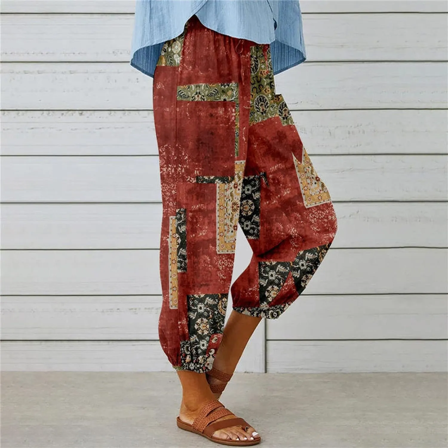Women's High Waist Capri Pants Wide Leg Summer Beach Boho Cropped Pant Printing Drawstring Elastic Waist Casual Pant