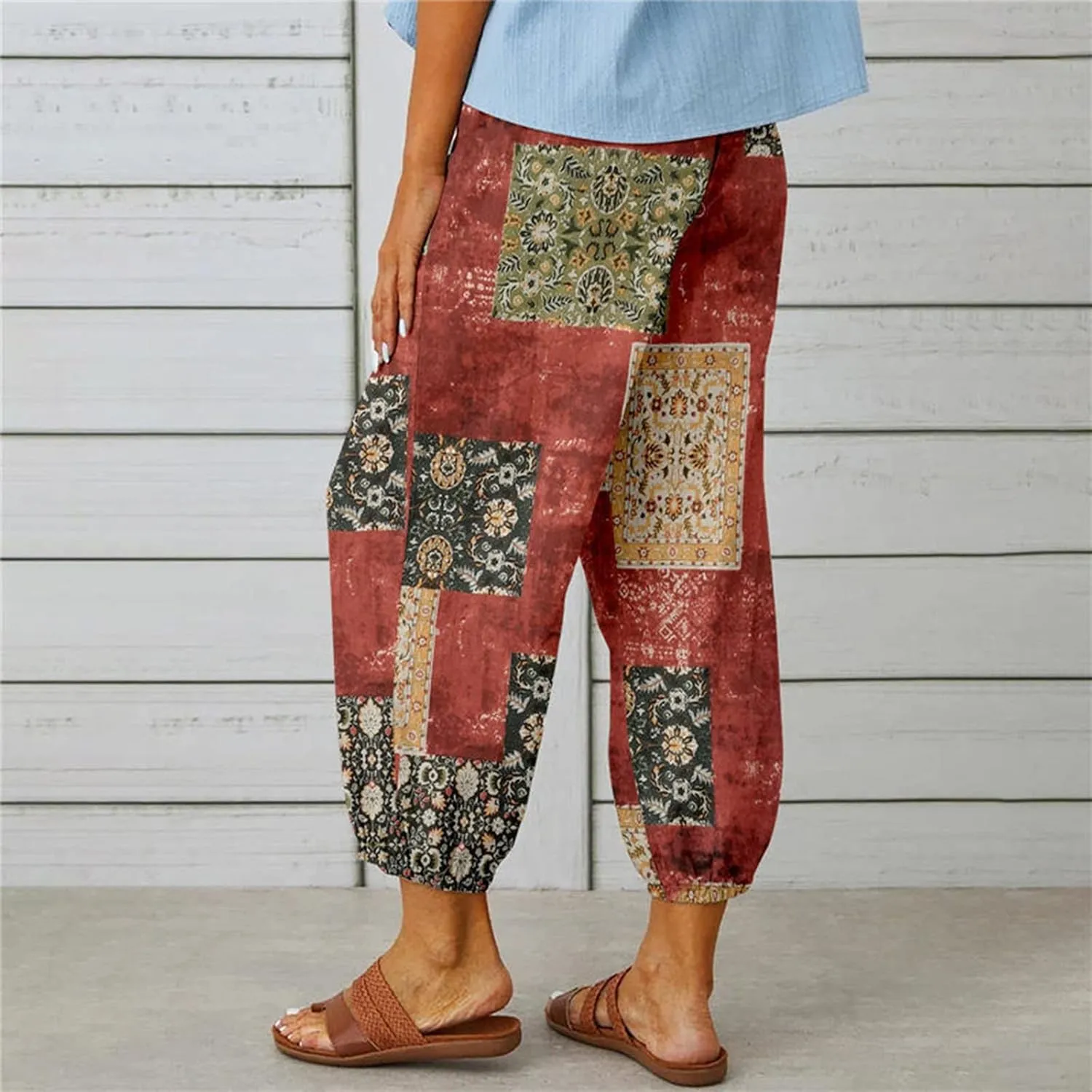 Women's High Waist Capri Pants Wide Leg Summer Beach Boho Cropped Pant Printing Drawstring Elastic Waist Casual Pant