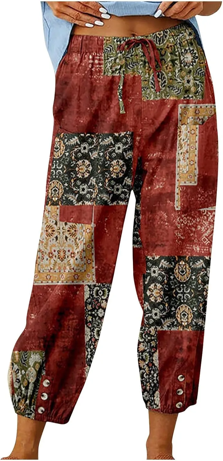 Women's High Waist Capri Pants Wide Leg Summer Beach Boho Cropped Pant Printing Drawstring Elastic Waist Casual Pant