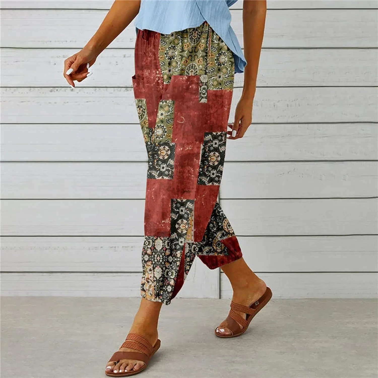 Women's High Waist Capri Pants Wide Leg Summer Beach Boho Cropped Pant Printing Drawstring Elastic Waist Casual Pant