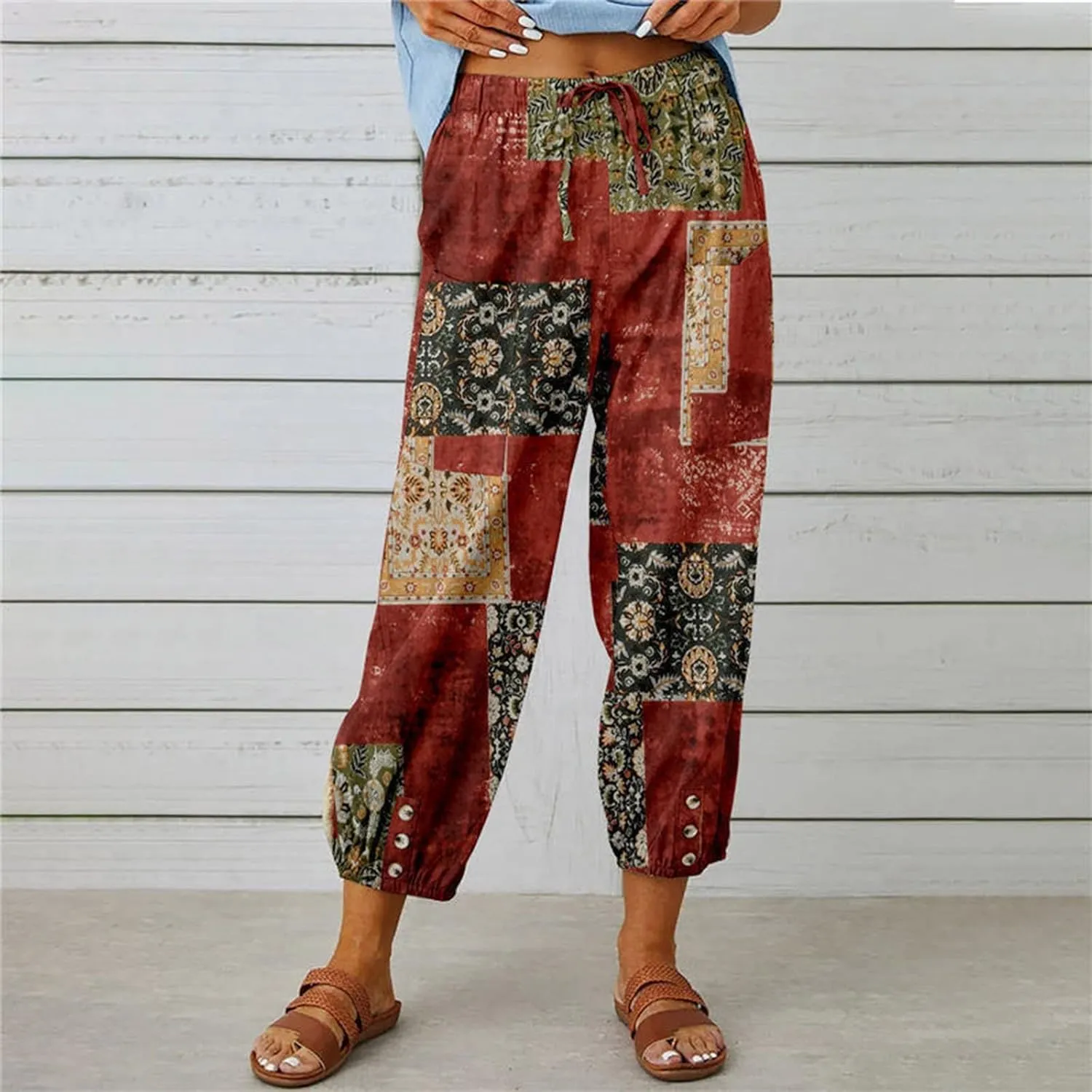 Women's High Waist Capri Pants Wide Leg Summer Beach Boho Cropped Pant Printing Drawstring Elastic Waist Casual Pant