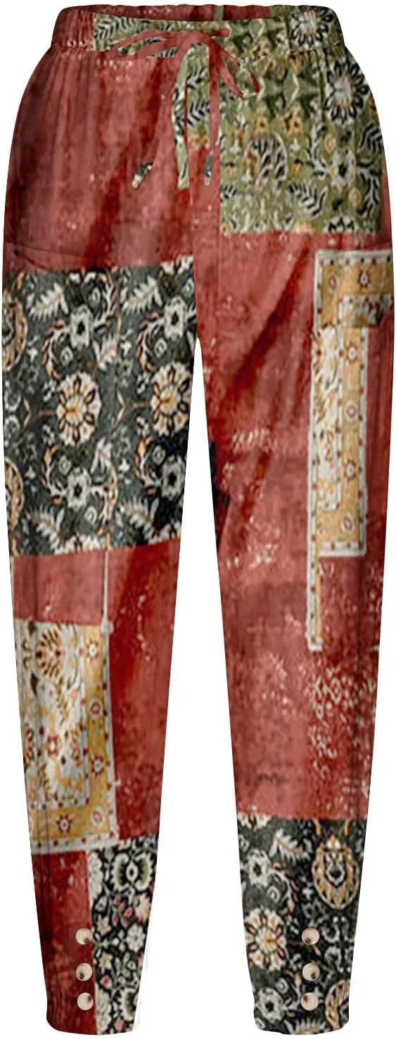 Women's High Waist Capri Pants Wide Leg Summer Beach Boho Cropped Pant Printing Drawstring Elastic Waist Casual Pant