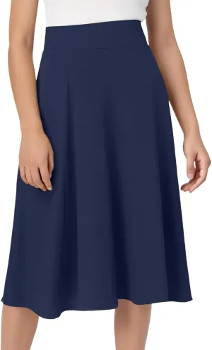 Women's High Waist Flare A-Line Midi Skirt with Plus Size Stretchy Flared Casual Skater Skirt for Work Everyday Wear