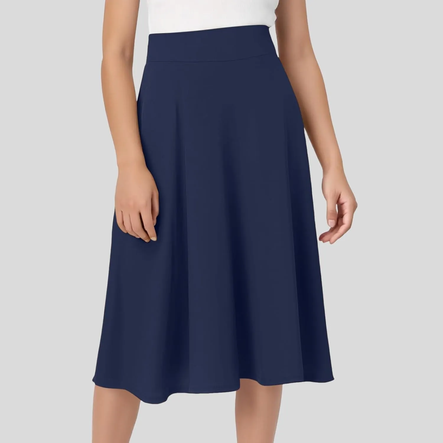 Women's High Waist Flare A-Line Midi Skirt with Plus Size Stretchy Flared Casual Skater Skirt for Work Everyday Wear
