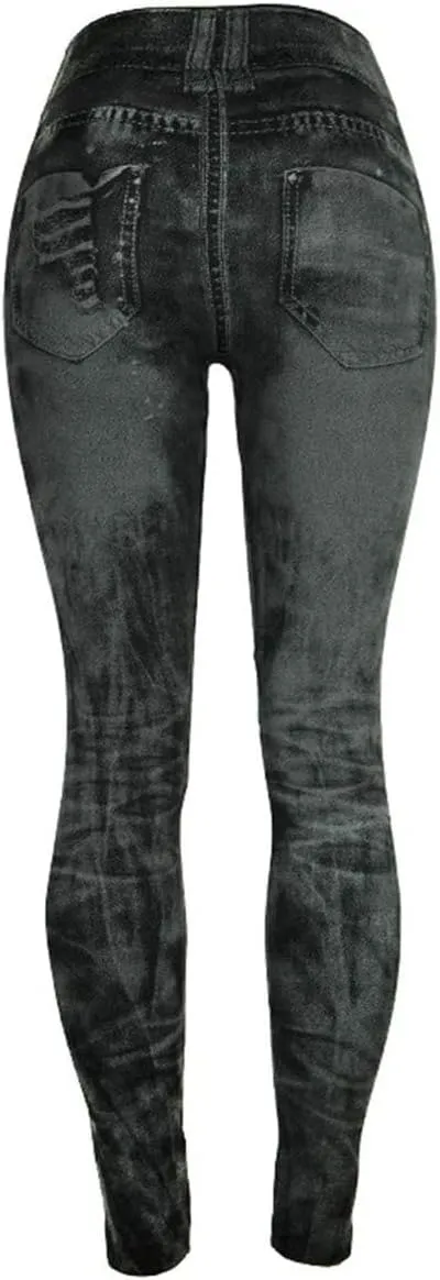 Womens High Waist Seamless Leggings Denim Print Fake Jeans Tights Elastic Slim Fit Gym Yoga Pants