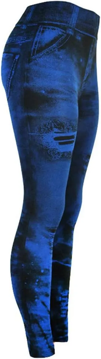 Womens High Waist Seamless Leggings Denim Print Fake Jeans Tights Elastic Slim Fit Gym Yoga Pants