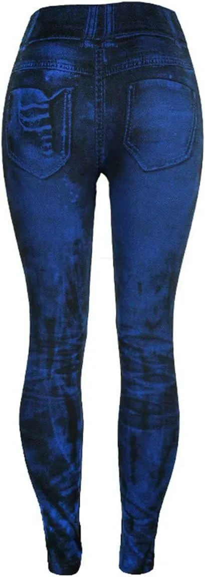 Womens High Waist Seamless Leggings Denim Print Fake Jeans Tights Elastic Slim Fit Gym Yoga Pants