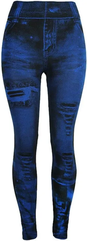 Womens High Waist Seamless Leggings Denim Print Fake Jeans Tights Elastic Slim Fit Gym Yoga Pants
