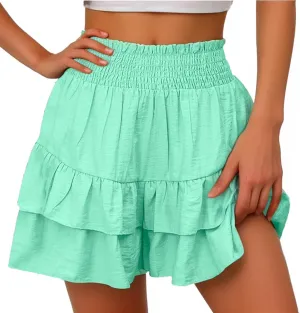 Women's High Waisted Pleated Skirts Boho Ruffle Tiered Shorts Beach Vacation Short Summer Comfy Flowy Skirt