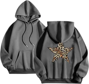 Women's Hoodies Oversized Sweatshirts Long Sleeve Y2k Leopard Star Print Pullover Tops Fall Winter Top with Pocket