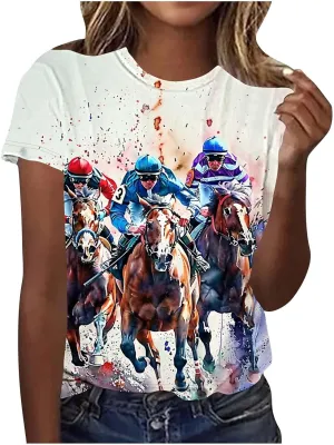 Womens Horse Racing Tops Short Sleeve Vintage Shirts Summer Funny Graphic Print Tee Blouses Holiday Workout Clothes
