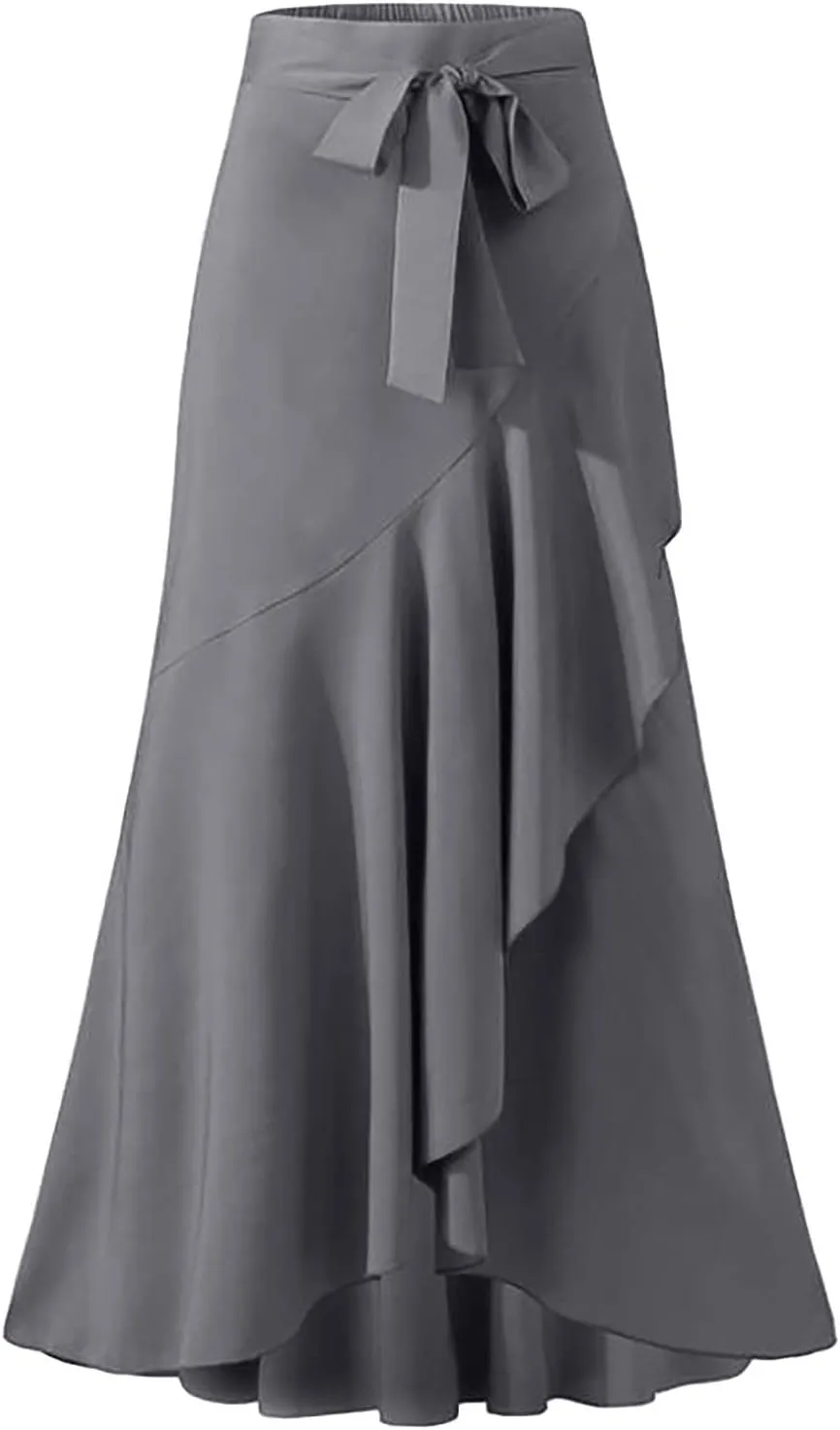 Women's Irregular Ruffle Pants Skirts High Waist Knot Tie Casual Maxi Long Palazzo Culottes A-Line Skirts Trousers