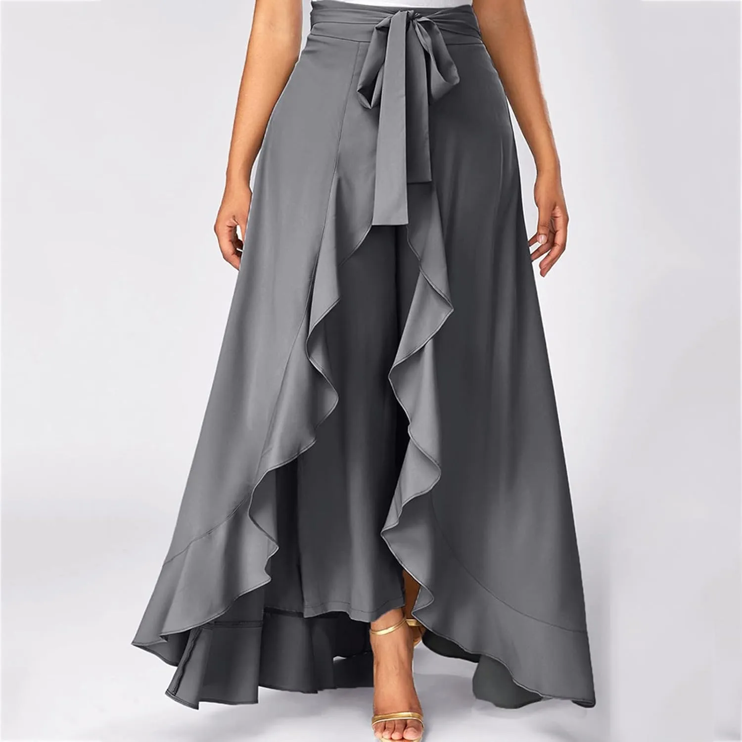 Women's Irregular Ruffle Pants Skirts High Waist Knot Tie Casual Maxi Long Palazzo Culottes A-Line Skirts Trousers
