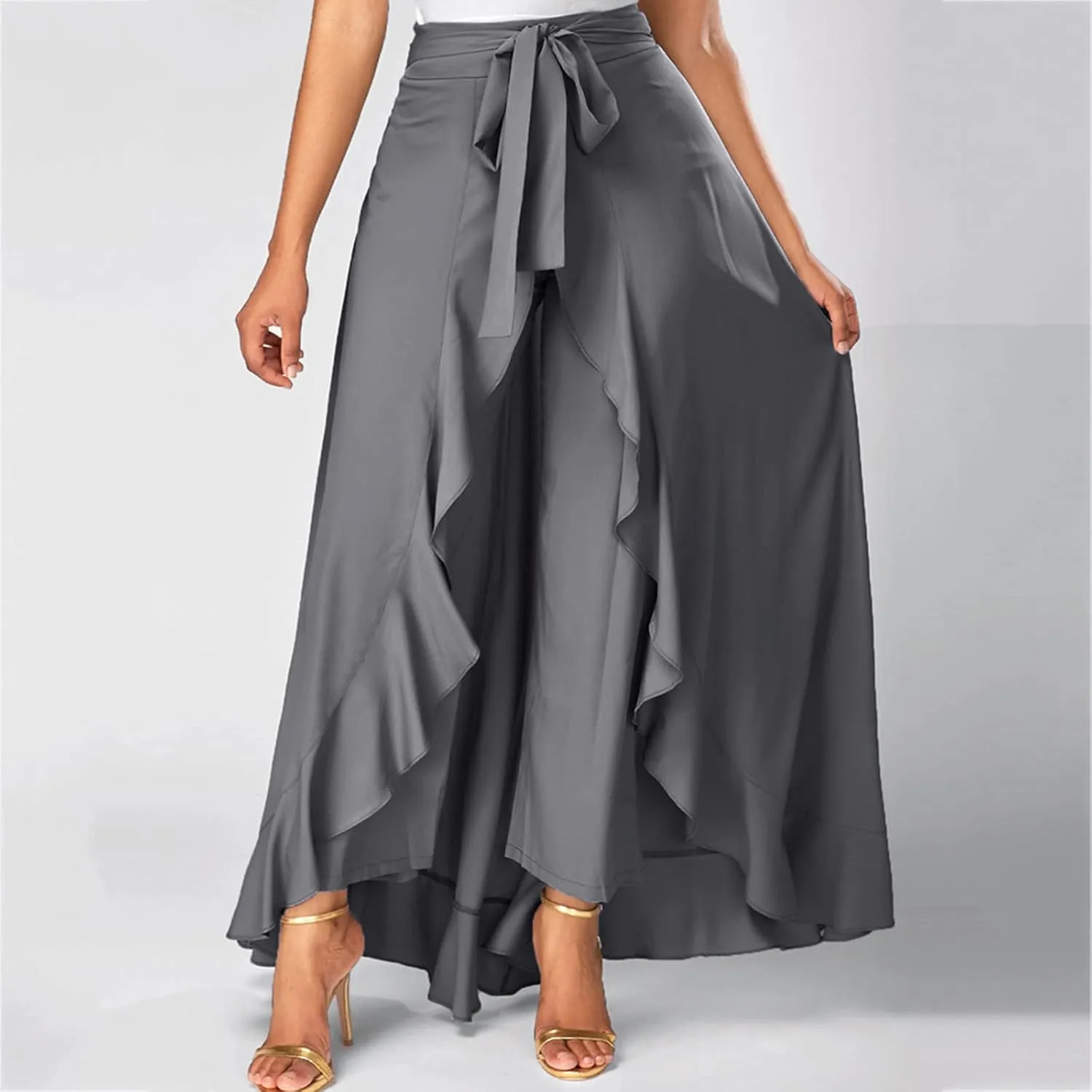 Women's Irregular Ruffle Pants Skirts High Waist Knot Tie Casual Maxi Long Palazzo Culottes A-Line Skirts Trousers