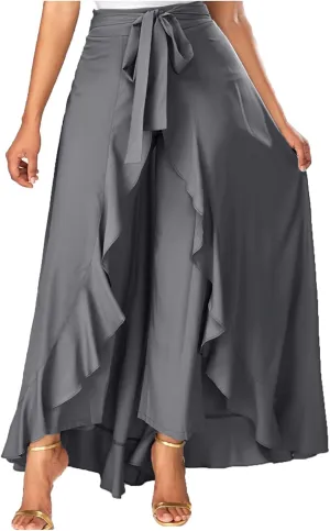 Women's Irregular Ruffle Pants Skirts High Waist Knot Tie Casual Maxi Long Palazzo Culottes A-Line Skirts Trousers