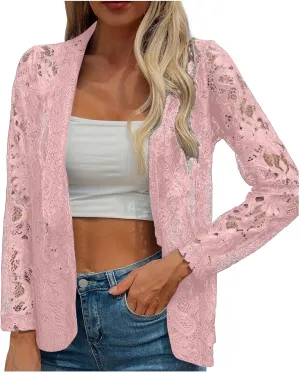 Women's Lace Open Front Long Sleeve Sheer Elegant Casual Blazer Jacket