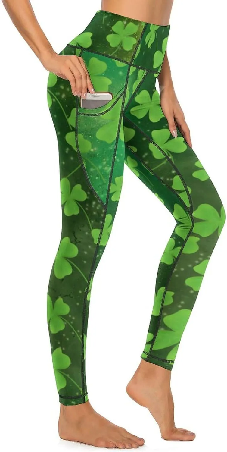 Women's Leggings Yoga Pant High Waisted Sports Trouser Clover Green Athletic Workout Leggings for St Patricks Day Gift