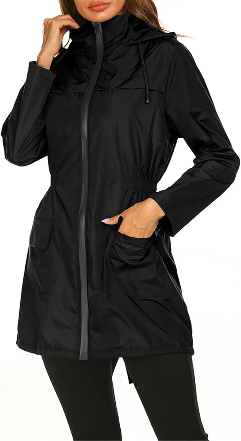 Womens Lightweight Hooded Raincoat Packable Outdoor Waterproof Rain Jacket Casual Zip Up Windbreaker Fall Fashion