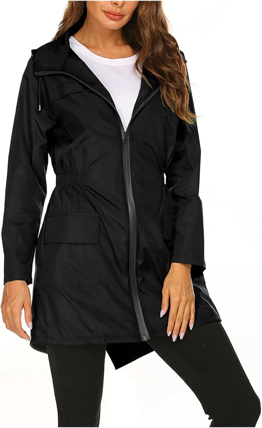 Womens Lightweight Hooded Raincoat Packable Outdoor Waterproof Rain Jacket Casual Zip Up Windbreaker Fall Fashion