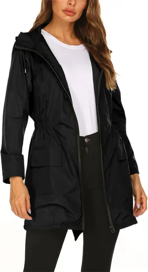 Womens Lightweight Hooded Raincoat Packable Outdoor Waterproof Rain Jacket Casual Zip Up Windbreaker Fall Fashion