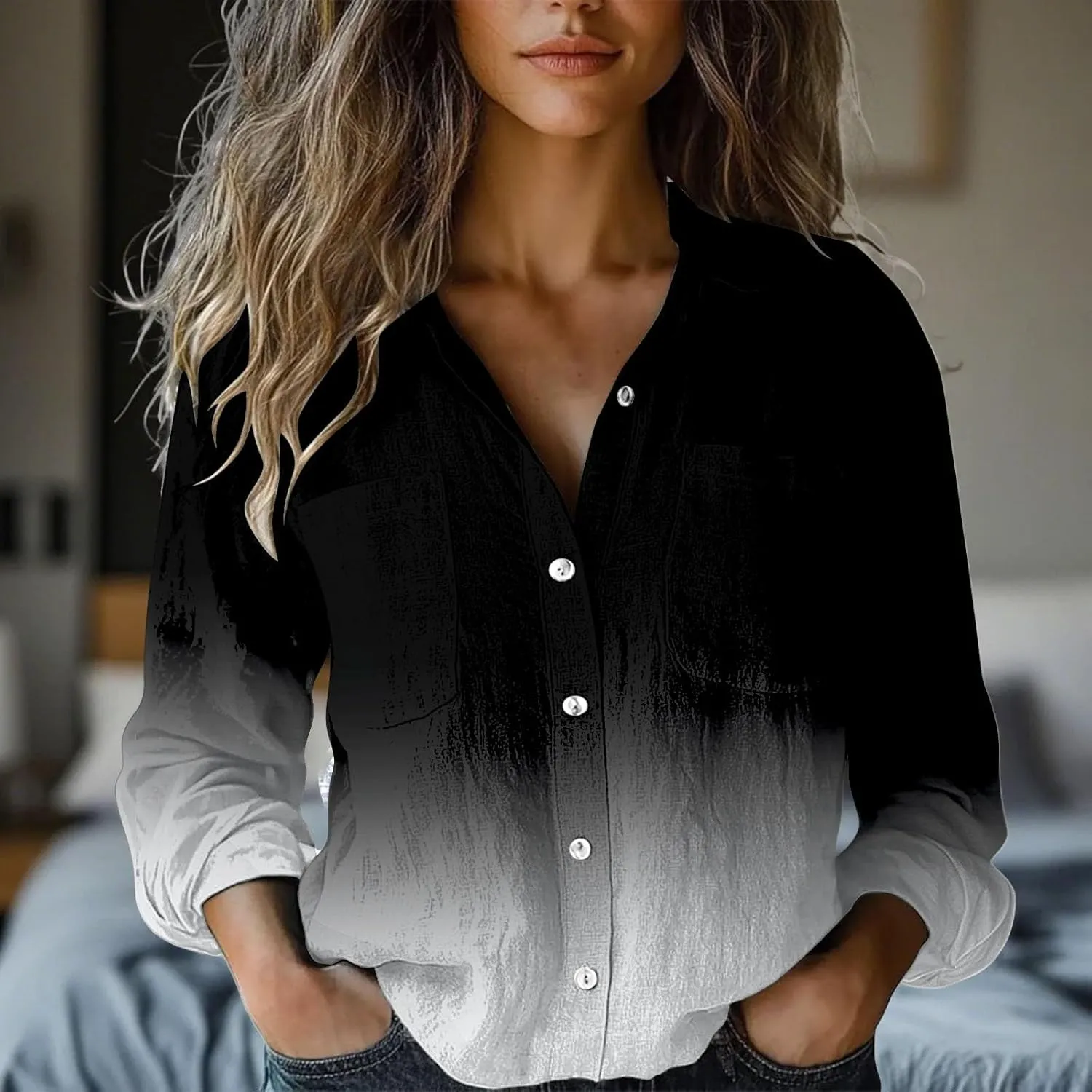 Womens Linen Button Down Shirts 2025 Floral Printed V Neck Long Sleeve Blouse Collared Boho Shirt Tops with Pocket