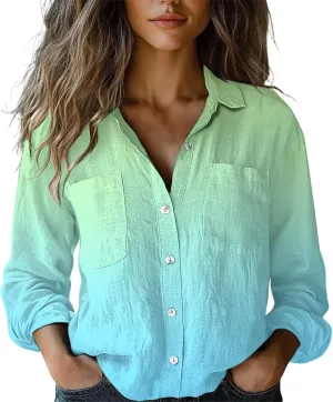 Womens Linen Button Down Shirts 2025 Floral Printed V Neck Long Sleeve Blouse Collared Boho Shirt Tops with Pocket