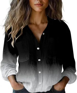 Womens Linen Button Down Shirts 2025 Floral Printed V Neck Long Sleeve Blouse Collared Boho Shirt Tops with Pocket