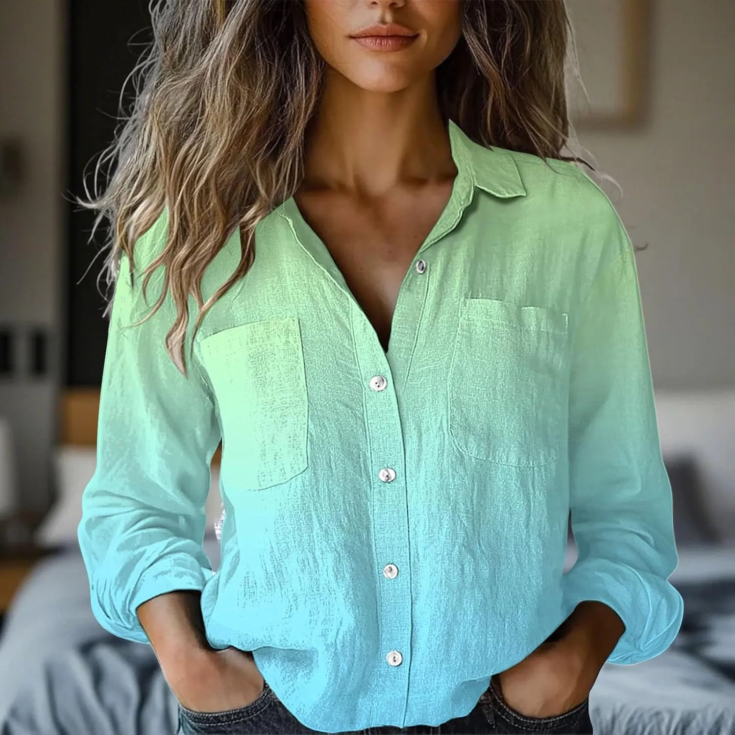Womens Linen Button Down Shirts 2025 Floral Printed V Neck Long Sleeve Blouse Collared Boho Shirt Tops with Pocket