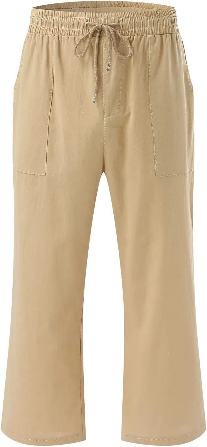Womens Linen Capri Pants Plus Size High Waisted Baggy Cropped Pants with Pockets Lightweight Comfy Solid Casual Pant