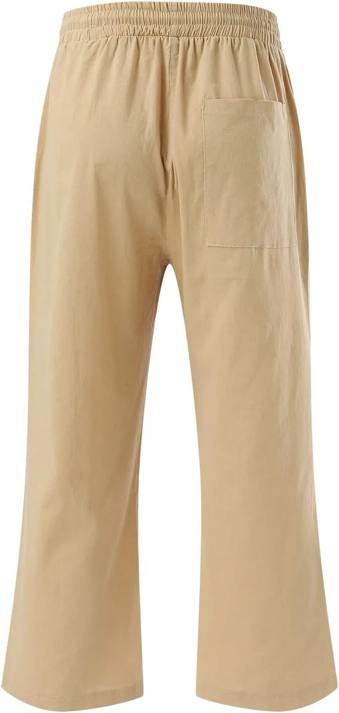 Womens Linen Capri Pants Plus Size High Waisted Baggy Cropped Pants with Pockets Lightweight Comfy Solid Casual Pant