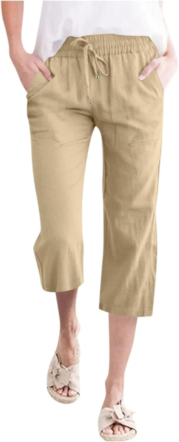 Womens Linen Capri Pants Plus Size High Waisted Baggy Cropped Pants with Pockets Lightweight Comfy Solid Casual Pant