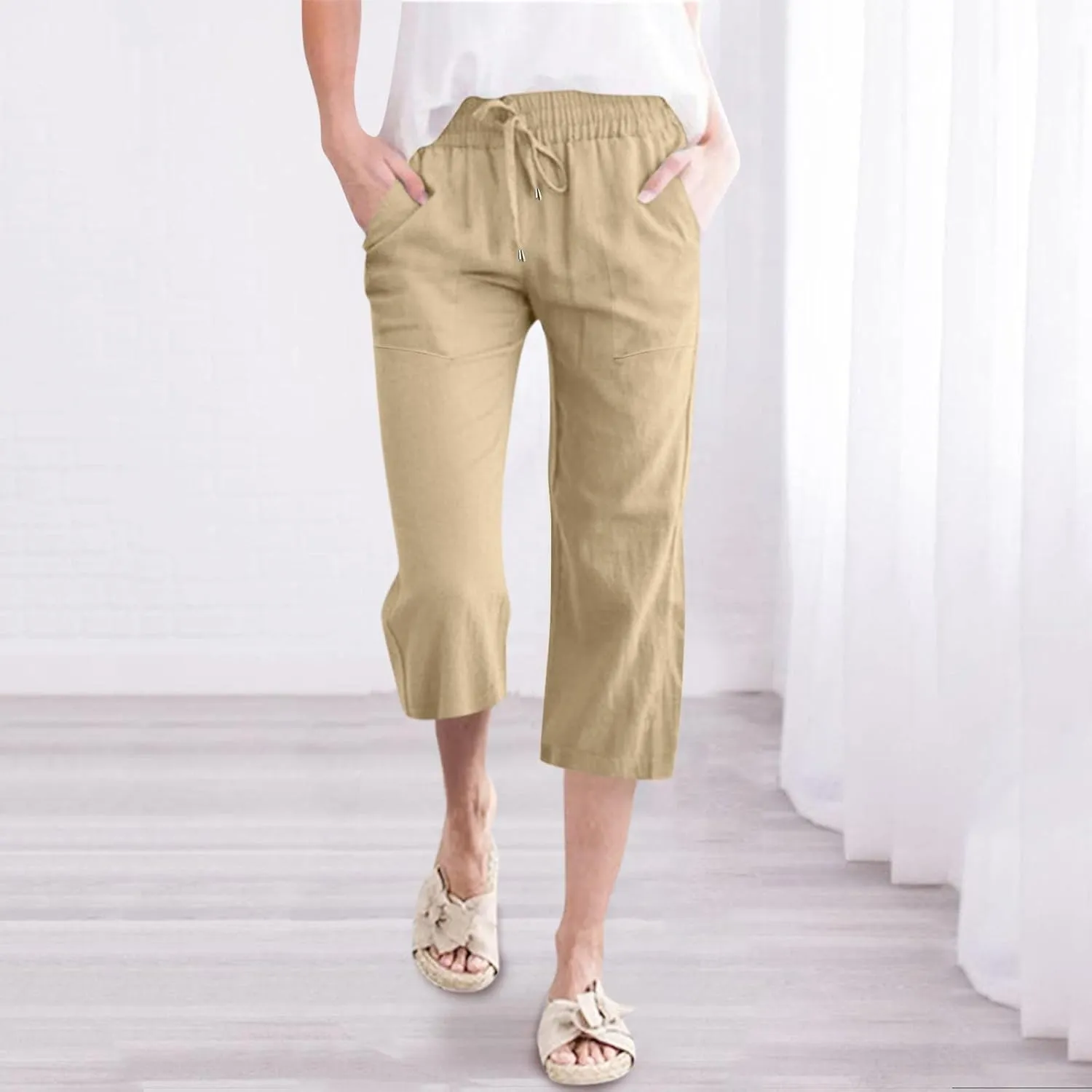 Womens Linen Capri Pants Plus Size High Waisted Baggy Cropped Pants with Pockets Lightweight Comfy Solid Casual Pant
