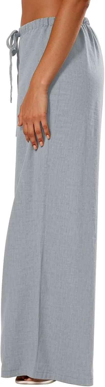 Women's Linen Pants 2025 Casual Beach Flowy Wide Leg Pants Elastic Waisted Tie Knot Palazzo Trousers with Pockets