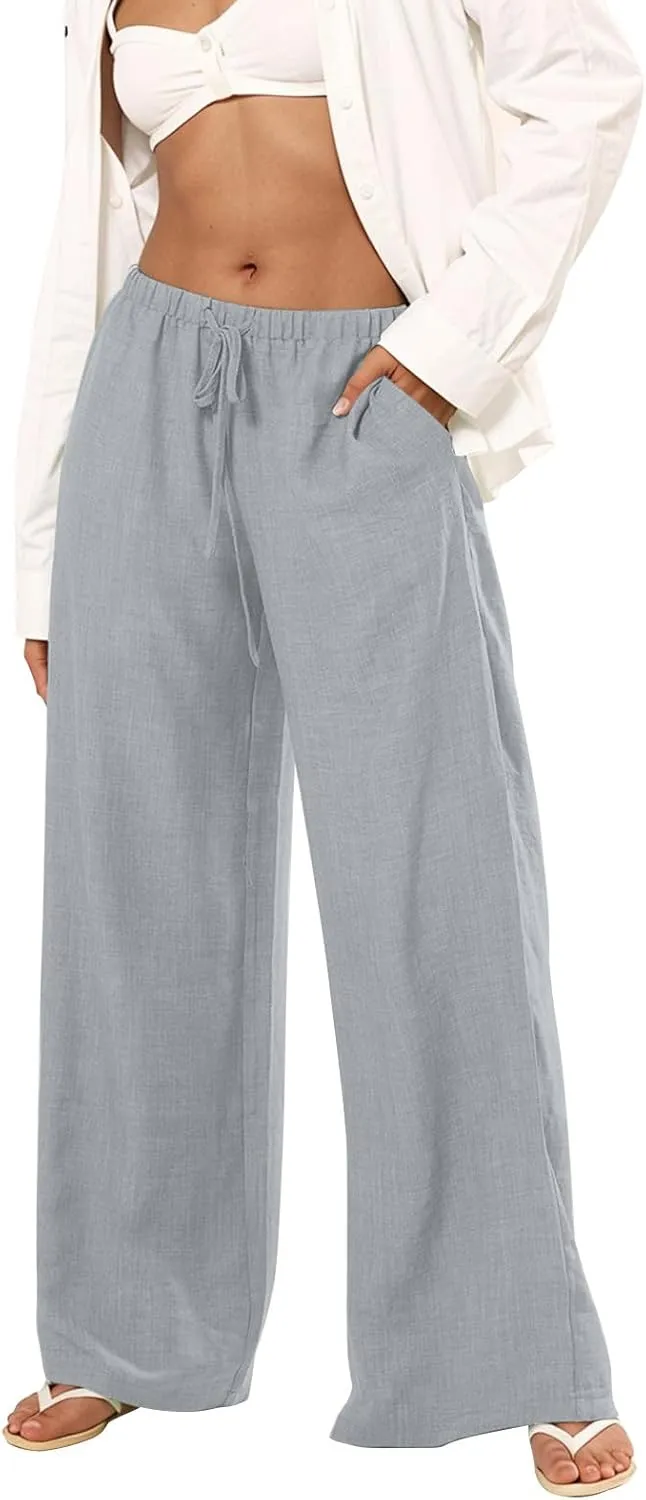 Women's Linen Pants 2025 Casual Beach Flowy Wide Leg Pants Elastic Waisted Tie Knot Palazzo Trousers with Pockets