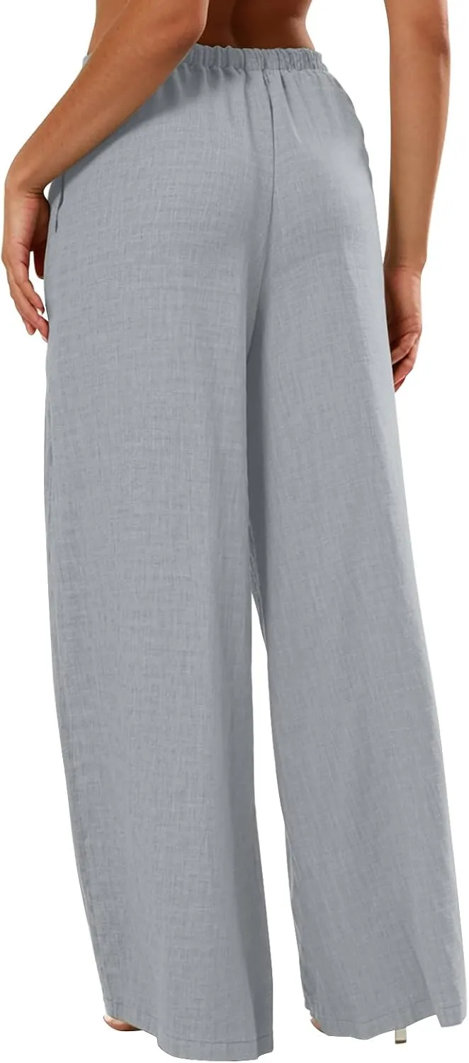 Women's Linen Pants 2025 Casual Beach Flowy Wide Leg Pants Elastic Waisted Tie Knot Palazzo Trousers with Pockets