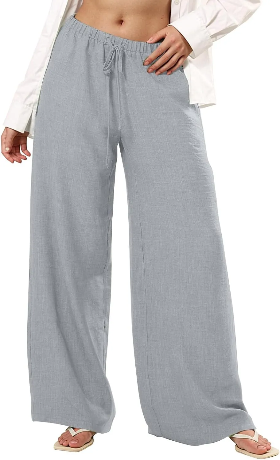 Women's Linen Pants 2025 Casual Beach Flowy Wide Leg Pants Elastic Waisted Tie Knot Palazzo Trousers with Pockets