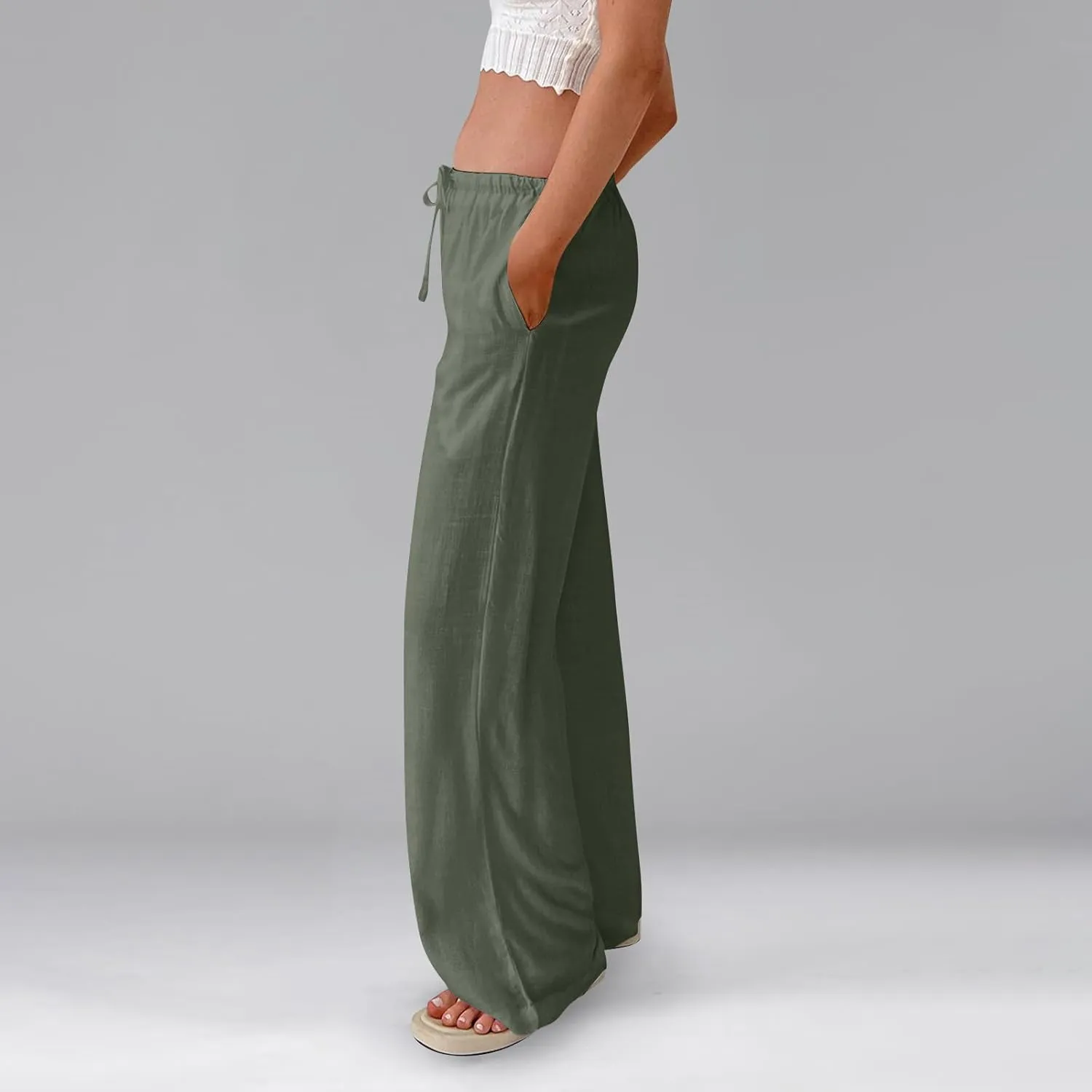 Women's Linen Pants Summer Drawstring High Waisted Palazzo Pants Casual Wide Leg Pant Lounge Trouser with Pockets