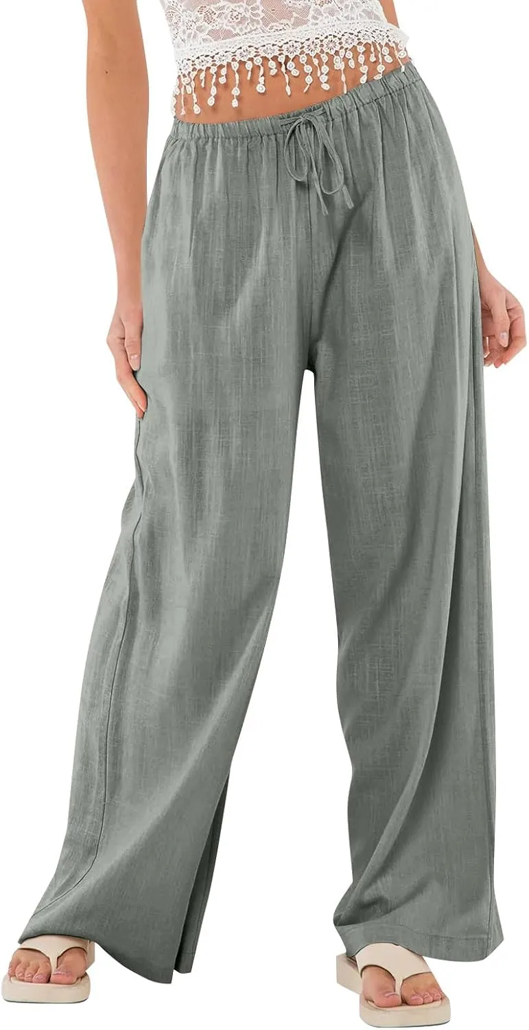 Women's Linen Pants Summer Drawstring High Waisted Palazzo Pants Casual Wide Leg Pant Lounge Trouser with Pockets