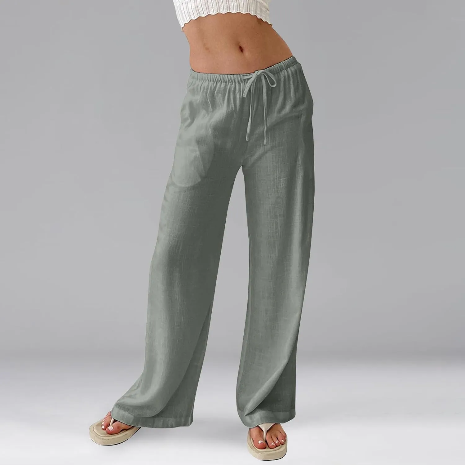 Women's Linen Pants Summer Drawstring High Waisted Palazzo Pants Casual Wide Leg Pant Lounge Trouser with Pockets
