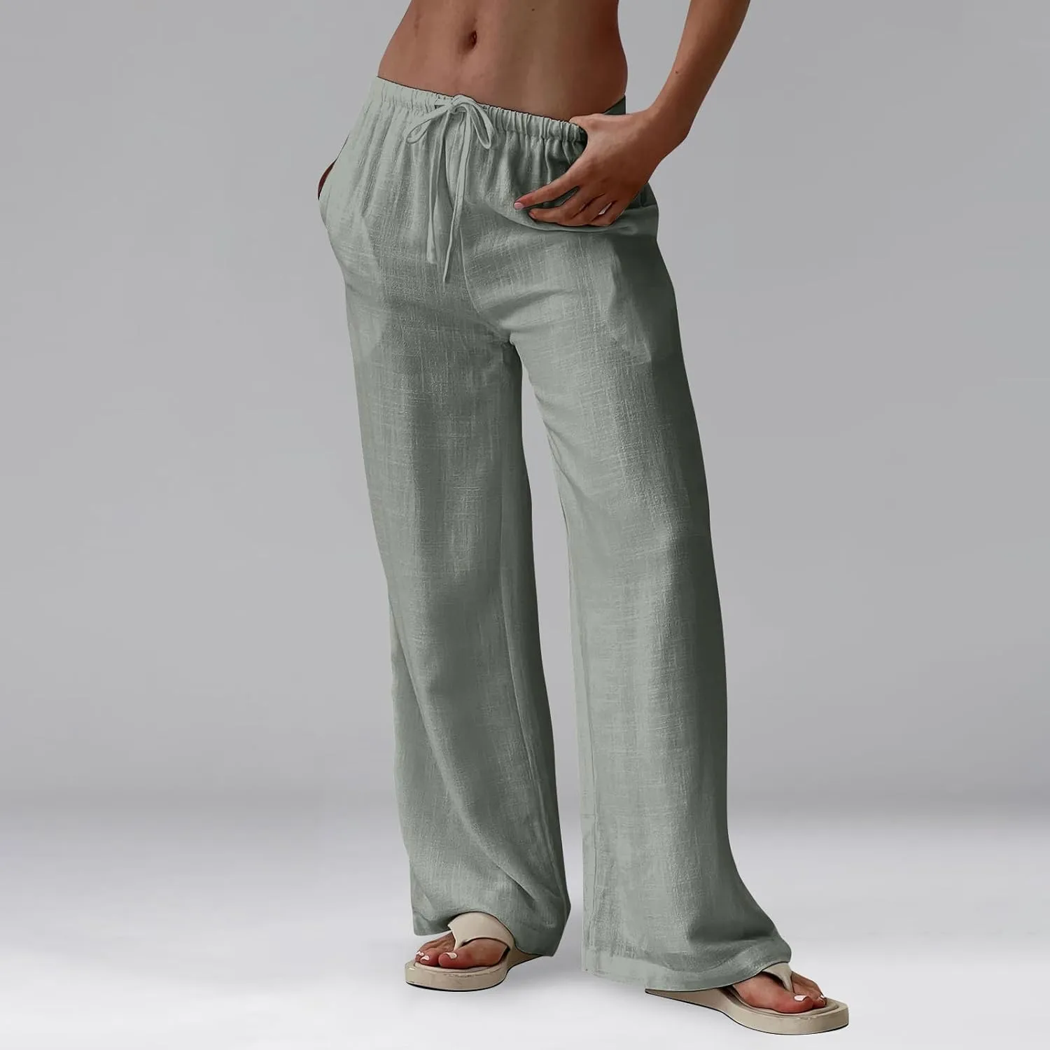 Women's Linen Pants Summer Drawstring High Waisted Palazzo Pants Casual Wide Leg Pant Lounge Trouser with Pockets