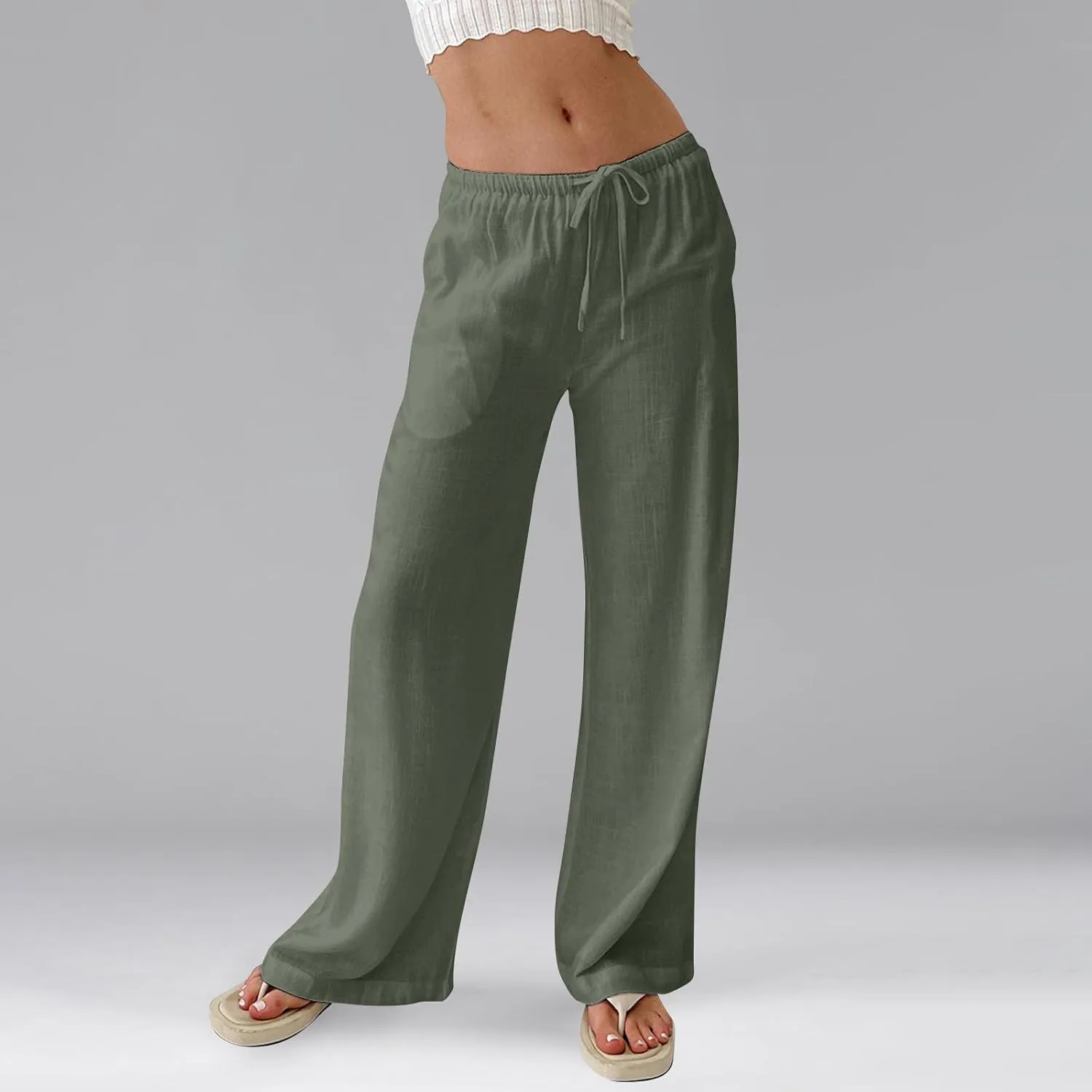 Women's Linen Pants Summer Drawstring High Waisted Palazzo Pants Casual Wide Leg Pant Lounge Trouser with Pockets