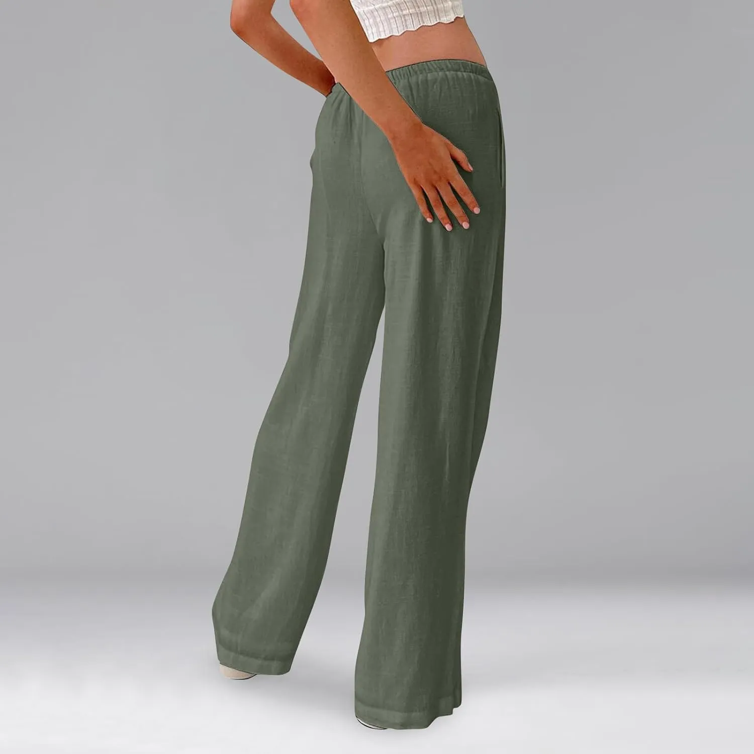 Women's Linen Pants Summer Drawstring High Waisted Palazzo Pants Casual Wide Leg Pant Lounge Trouser with Pockets