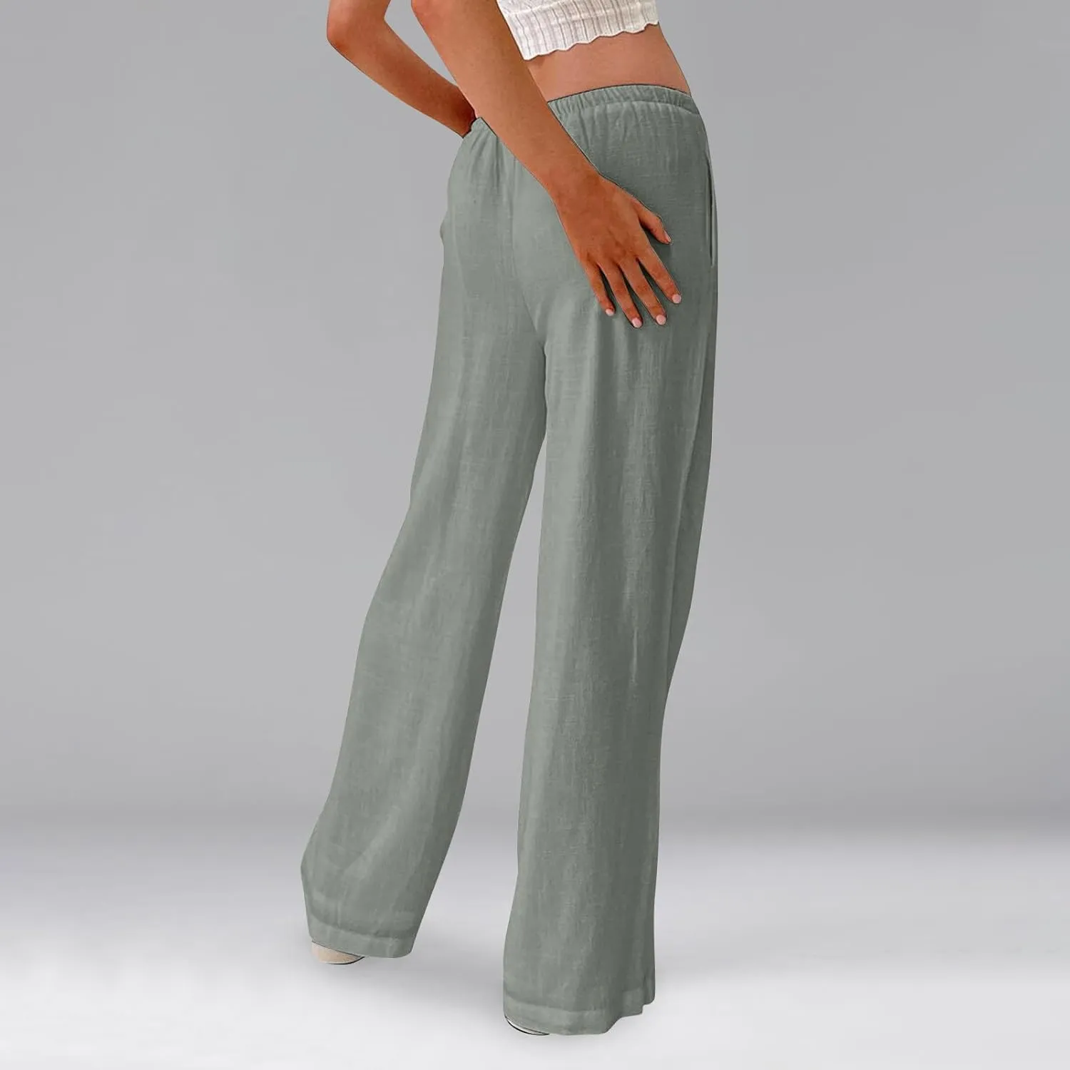 Women's Linen Pants Summer Drawstring High Waisted Palazzo Pants Casual Wide Leg Pant Lounge Trouser with Pockets