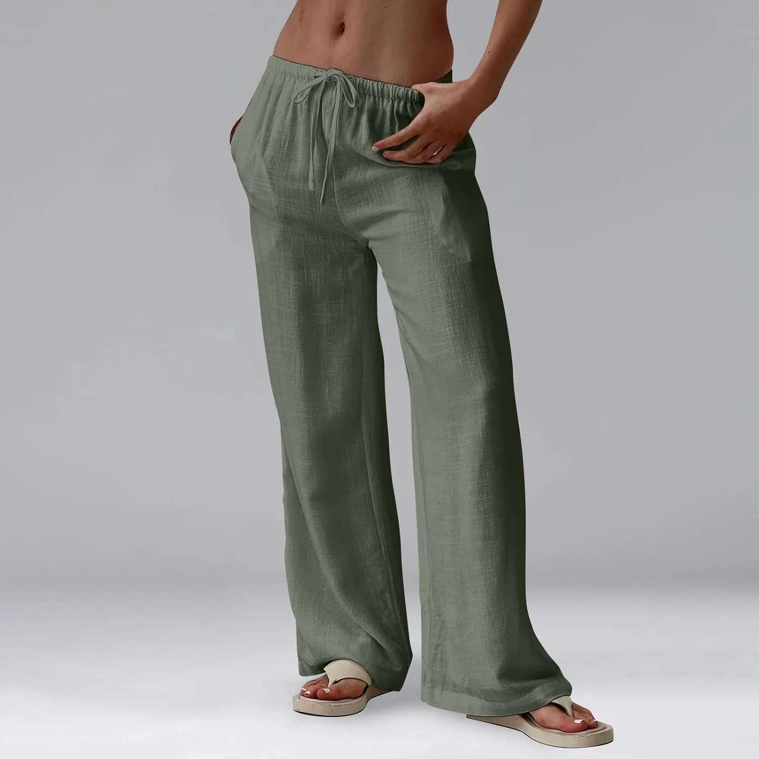 Women's Linen Pants Summer Drawstring High Waisted Palazzo Pants Casual Wide Leg Pant Lounge Trouser with Pockets