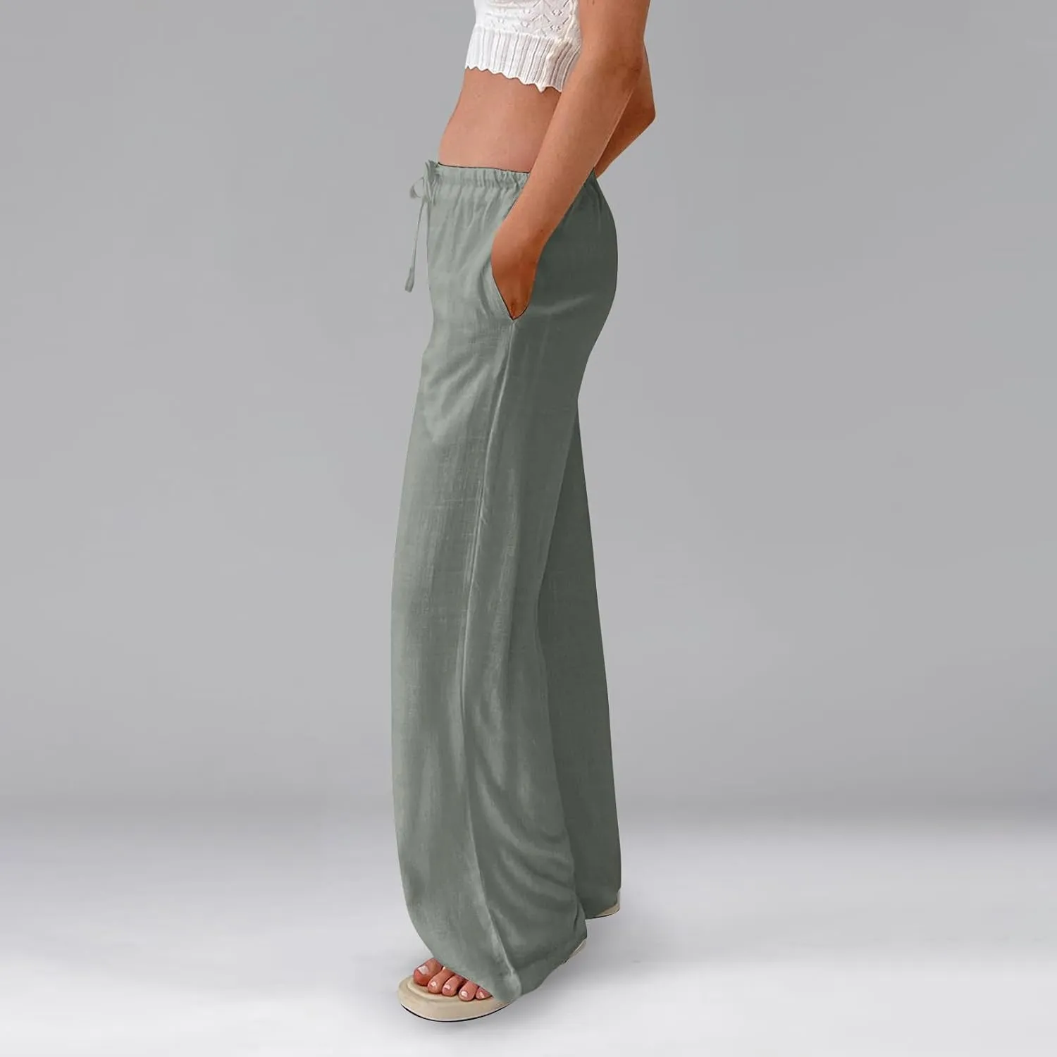 Women's Linen Pants Summer Drawstring High Waisted Palazzo Pants Casual Wide Leg Pant Lounge Trouser with Pockets