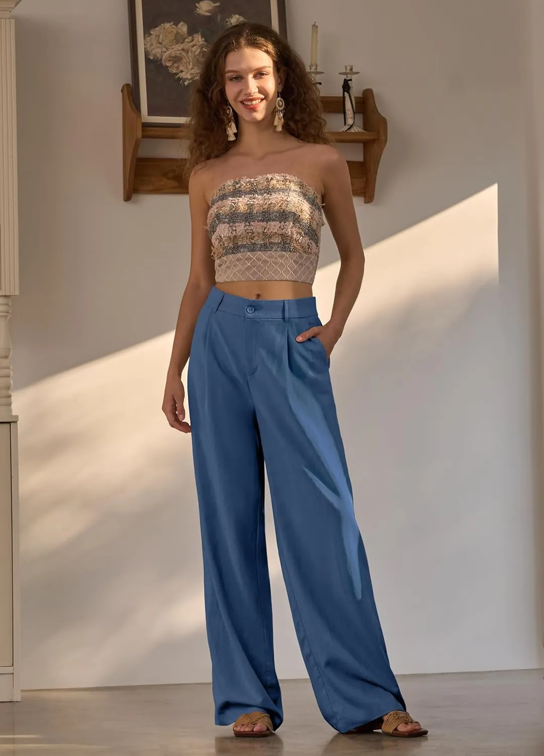 Women's Linen Pants Wide Leg Dressy Casual Beach Linen Pants Summer with Pockets 29" 31"