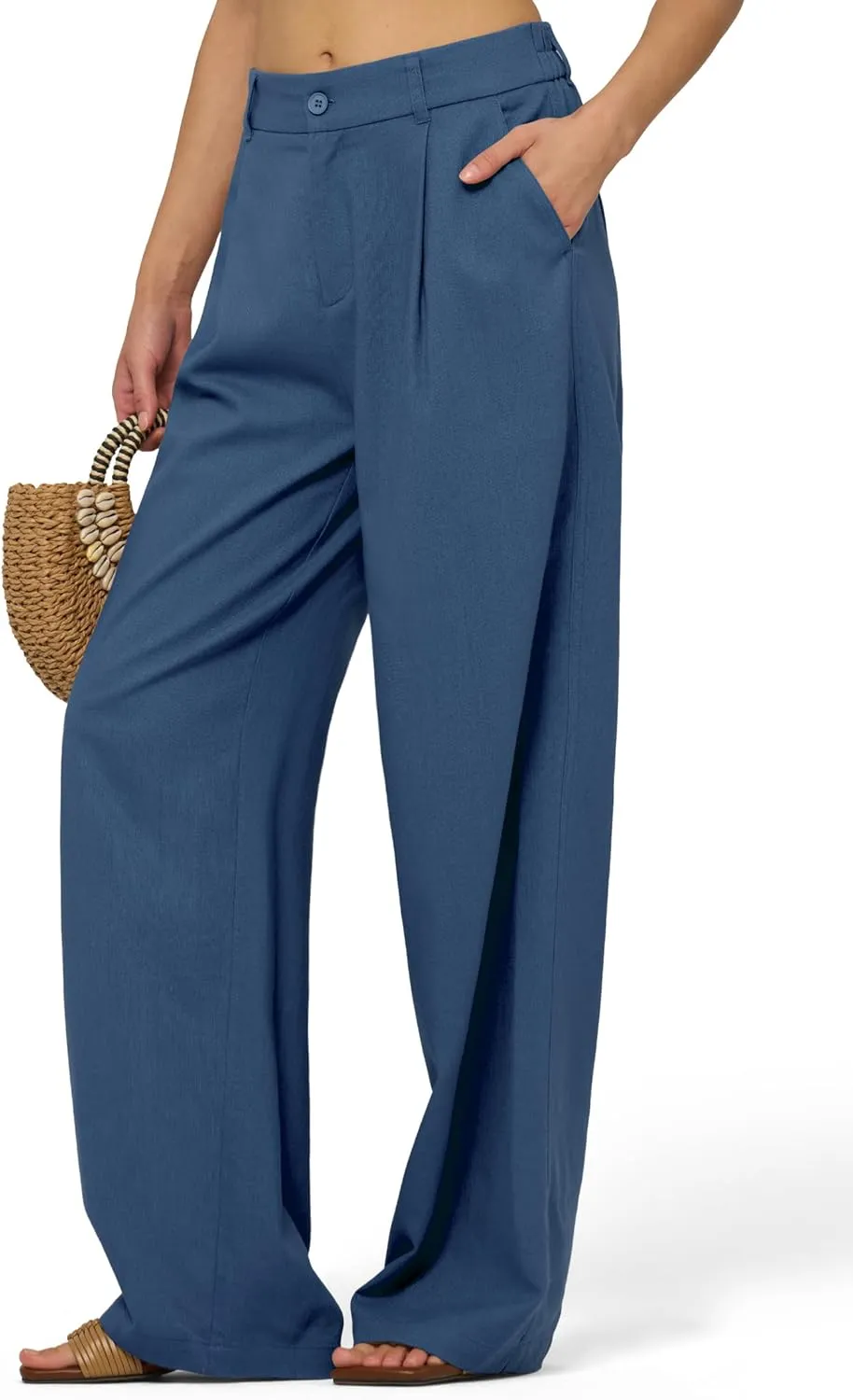 Women's Linen Pants Wide Leg Dressy Casual Beach Linen Pants Summer with Pockets 29" 31"