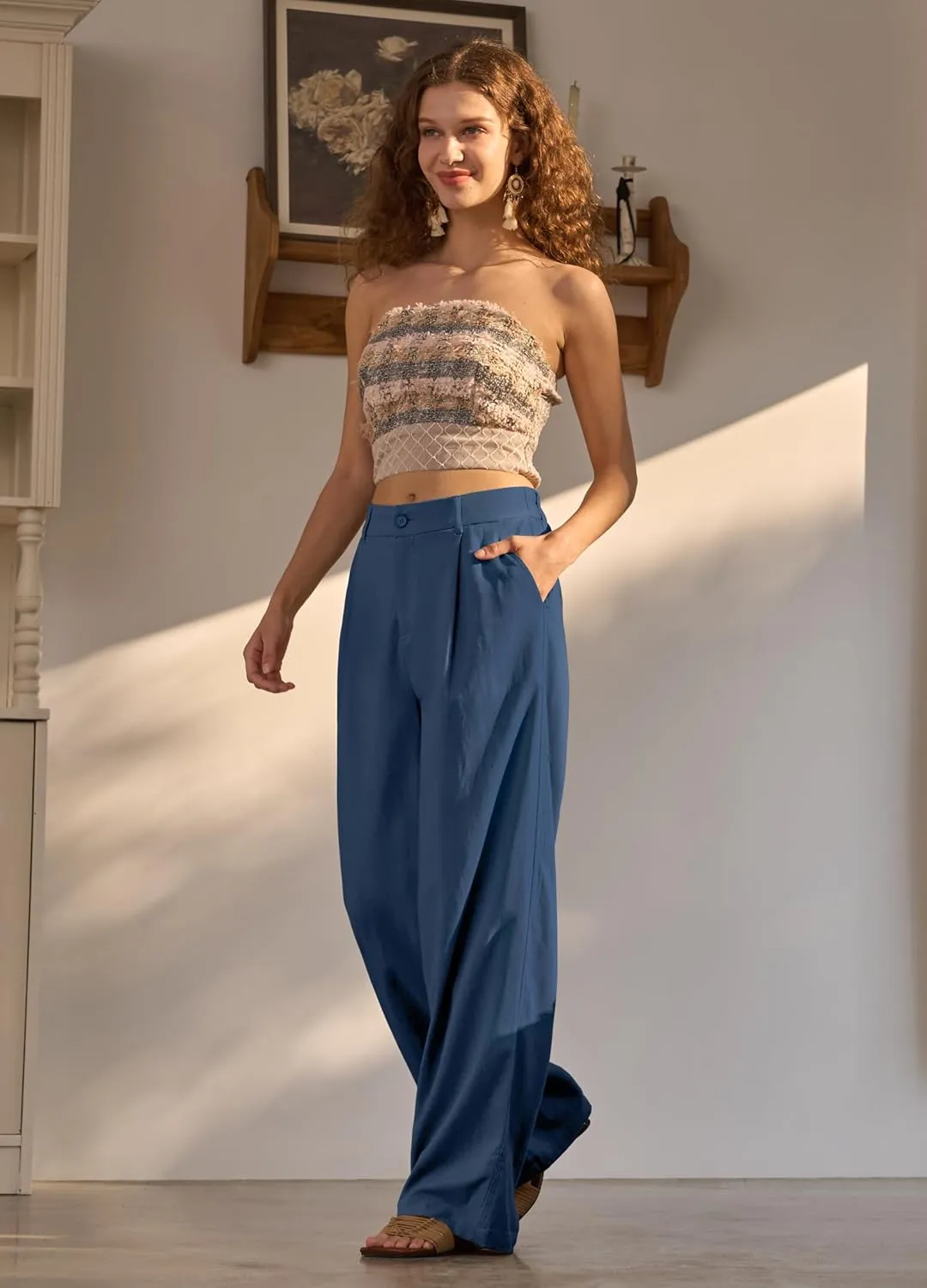 Women's Linen Pants Wide Leg Dressy Casual Beach Linen Pants Summer with Pockets 29" 31"